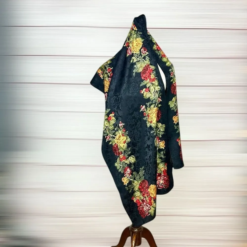 Ann Taylor Silk Oblong Scarf Large Black Jacquard Floral Print 18x70